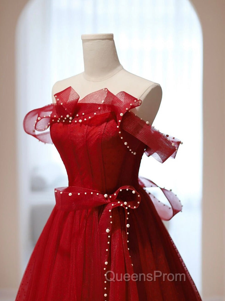 Burgundy A-Line Tulle Long Evening Prom Dress, Burgundy Tulle Evening Dress