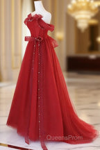 Burgundy A-Line Tulle Long Evening Prom Dress, Burgundy Tulle Evening Dress