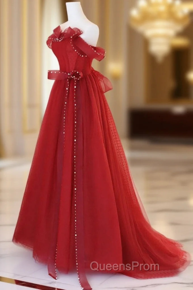 Burgundy A-Line Tulle Long Evening Prom Dress, Burgundy Tulle Evening Dress