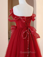 Burgundy A-Line Tulle Long Evening Prom Dress, Burgundy Tulle Evening Dress