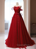 Burgundy A-Line Tulle Long Evening Prom Dress, Burgundy Tulle Evening Dress