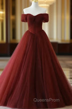 Burgundy A line Tulle Long Evening Prom Dress, Burgundy Long Bridesmaid Dress