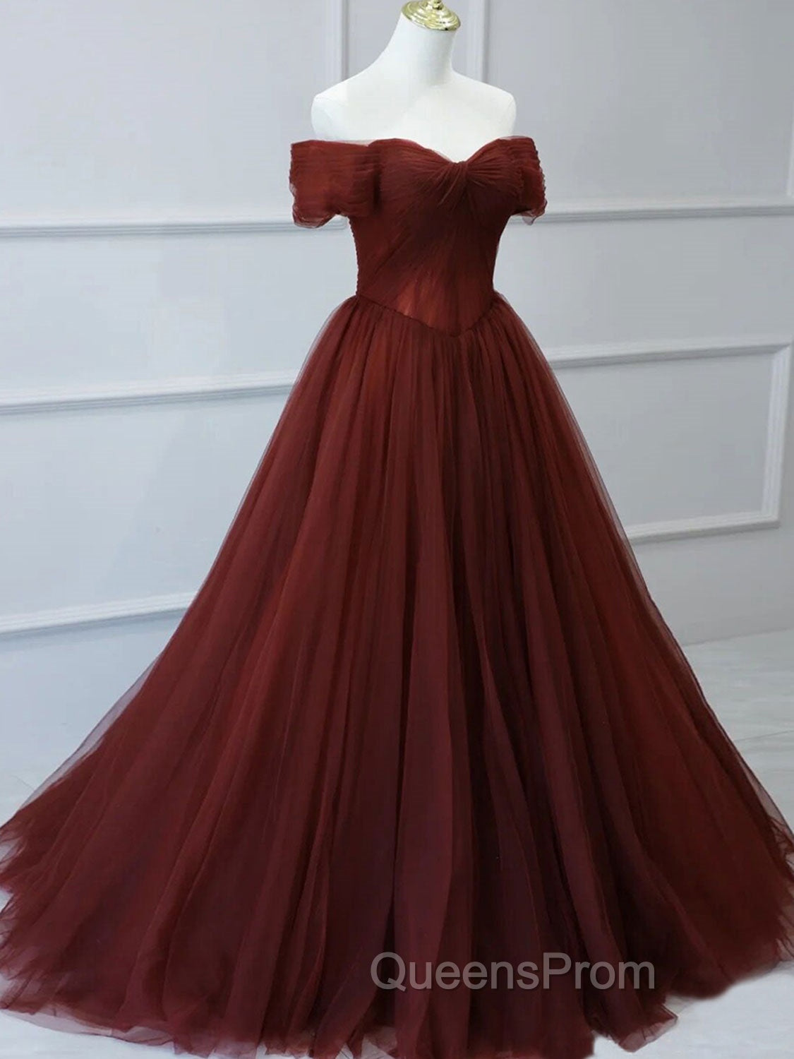 Burgundy A line Tulle Long Evening Prom Dress, Burgundy Long Bridesmaid Dress Secondary image