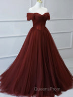 Burgundy A line Tulle Long Evening Prom Dress, Burgundy Long Bridesmaid Dress