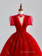 Burgundy A-Line Tulle Sequin Long Evening Prom Dress, Burgundy Formal Dress
