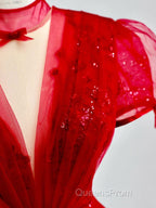 Burgundy A-Line Tulle Sequin Long Evening Prom Dress, Burgundy Formal Dress