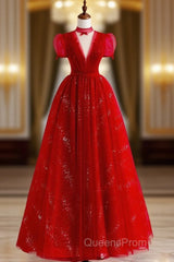 Burgundy A-Line Tulle Sequin Long Evening Prom Dress, Burgundy Formal Dress