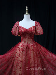 Burgundy A line Tulle Sequin Long Evening Prom Dress Burgundy Tulle Evening Dress