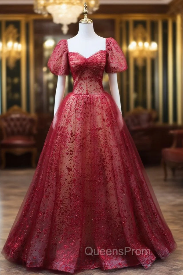 Burgundy A line Tulle Sequin Long Evening Prom Dress Burgundy Tulle Evening Dress