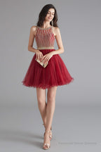 A-Line Tulle Sleeveless Beading Homecoming Dresses