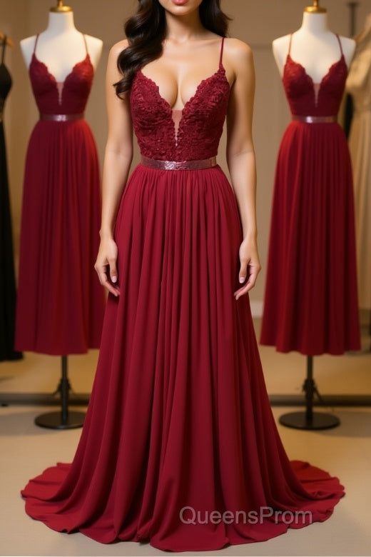 Burgundy A Line V Neck Backless Lace Tulle Long Evening Prom Dress, Burgundy Lace Formal Dress, Burgundy Evening Dress Main image