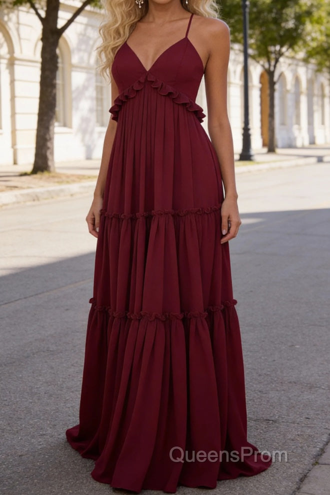 Burgundy A-line V Neck Sleeveless Floor-Length Chiffon Prom Dress Long Prom Dresses Backless with Pleated Ruffles