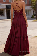 Burgundy A-line V Neck Sleeveless Floor-Length Chiffon Prom Dress Long Prom Dresses Backless with Pleated Ruffles