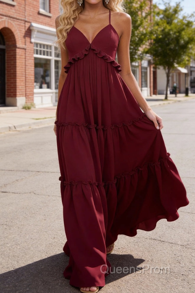Burgundy A-line V Neck Sleeveless Floor-Length Chiffon Prom Dress Long Prom Dresses Backless with Pleated Ruffles Main image