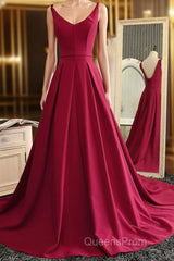 Burgundy A Line V Neck Sweep Train Open Back Satin Long Evening Prom Dress, V Neck Burgundy Formal Dress, Backless Evening Dress