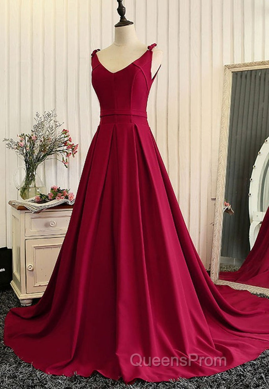 Burgundy A Line V Neck Sweep Train Open Back Satin Long Evening Prom Dress, V Neck Burgundy Formal Dress, Backless Evening Dress Secondary image
