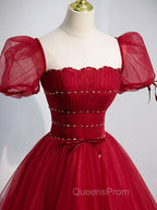 Burgundy Aline Tulle Beads Long Evening Prom Dress, Burgundy Evening Dress