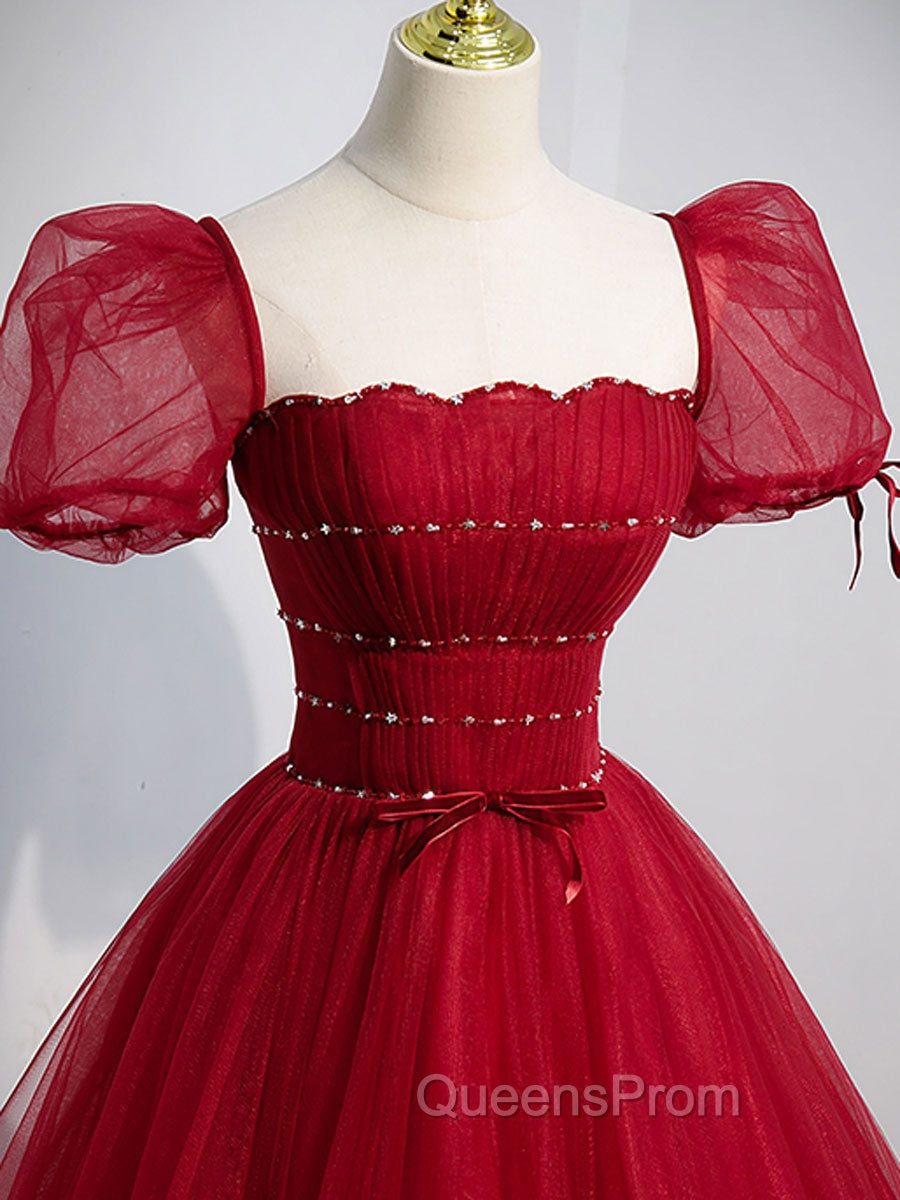 Burgundy Aline Tulle Beads Long Evening Prom Dress, Burgundy Evening Dress