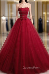 Burgundy Aline Tulle Beads Long Evening Prom Dress, Burgundy Evening Dress