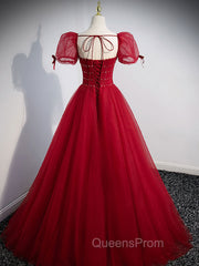 Burgundy Aline Tulle Beads Long Evening Prom Dress, Burgundy Evening Dress