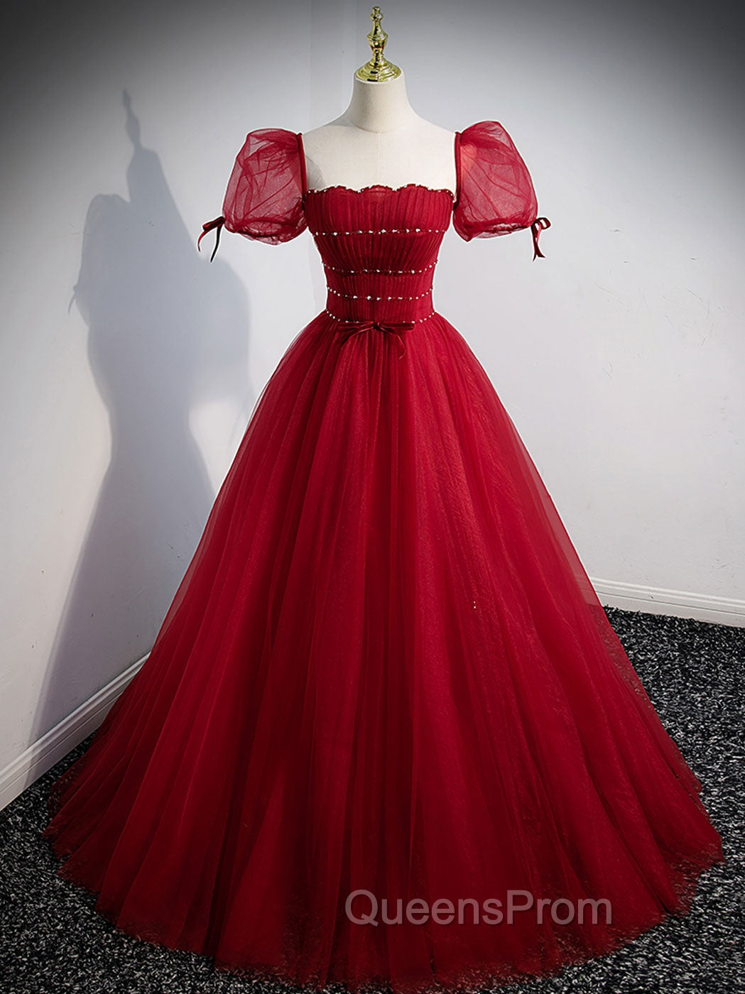 Burgundy Aline Tulle Beads Long Evening Prom Dress, Burgundy Evening Dress Main image