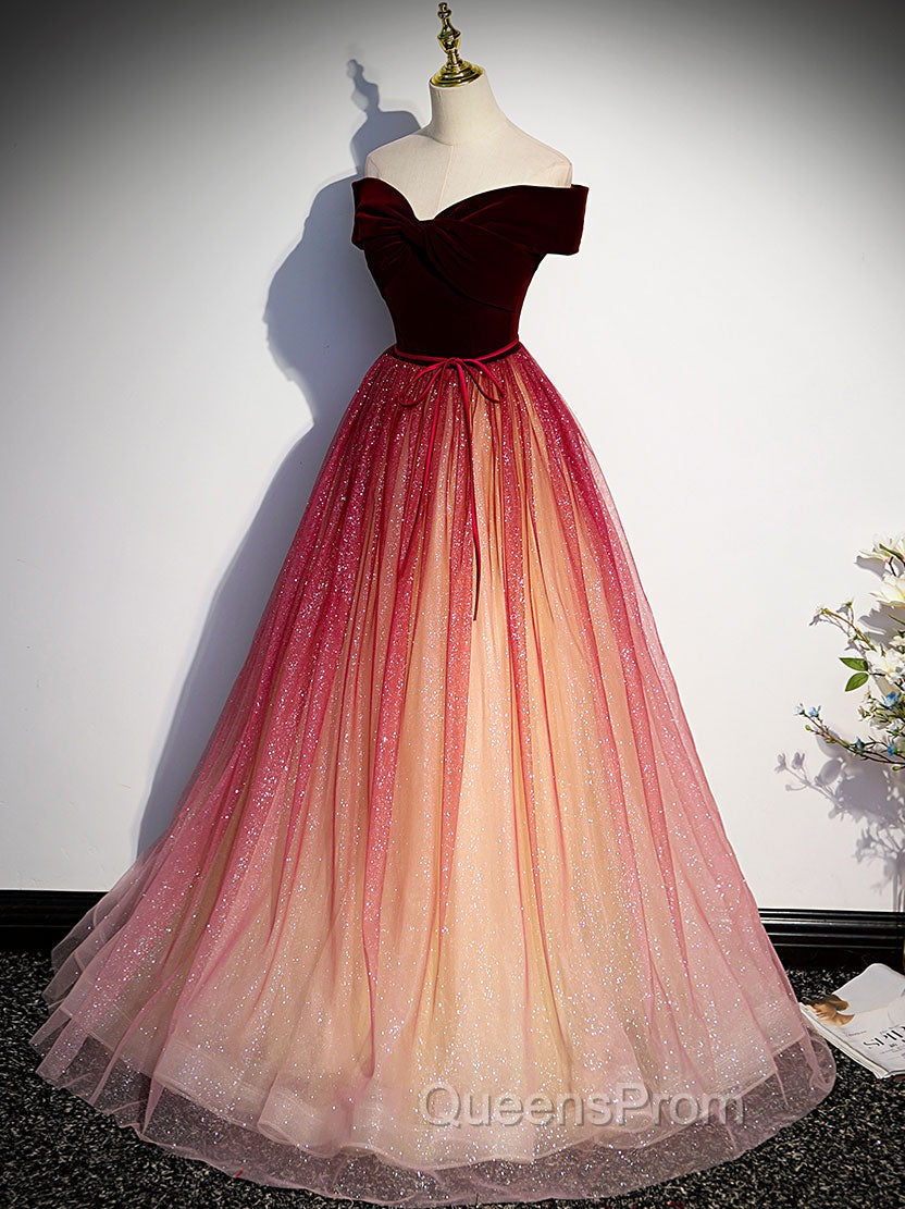 Burgundy Aline Tulle Sequin Long Evening Prom Dress, Velvet Burgundy Evening Party Dress Secondary image