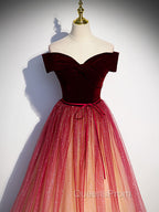 Burgundy Aline Tulle Sequin Long Evening Prom Dress, Velvet Burgundy Evening Party Dress