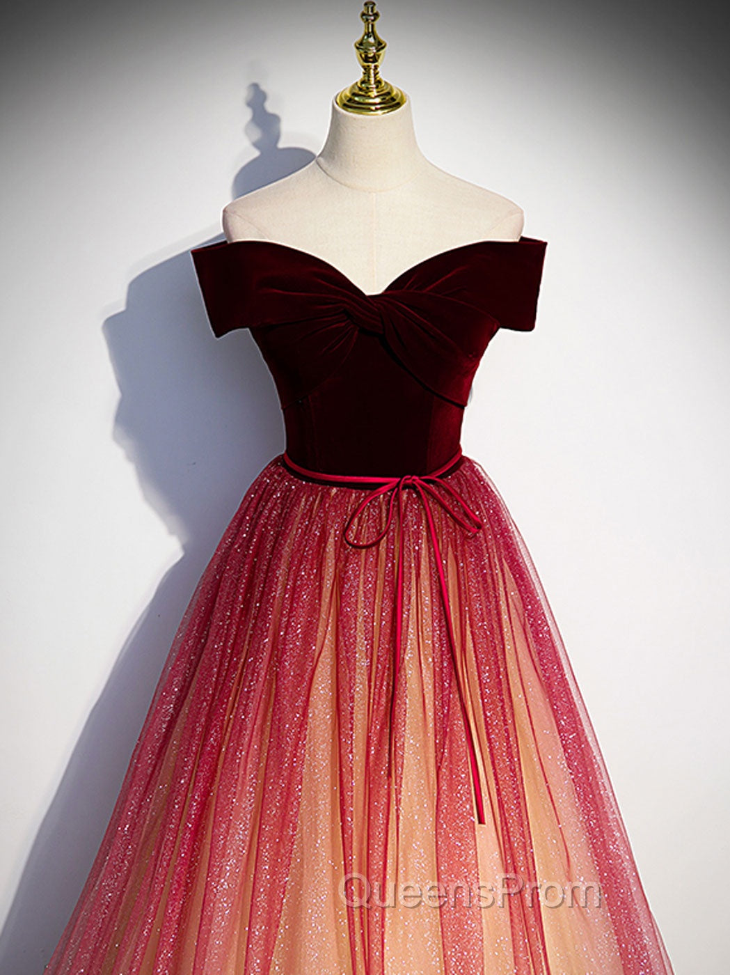 Burgundy Aline Tulle Sequin Long Evening Prom Dress, Velvet Burgundy Evening Party Dress