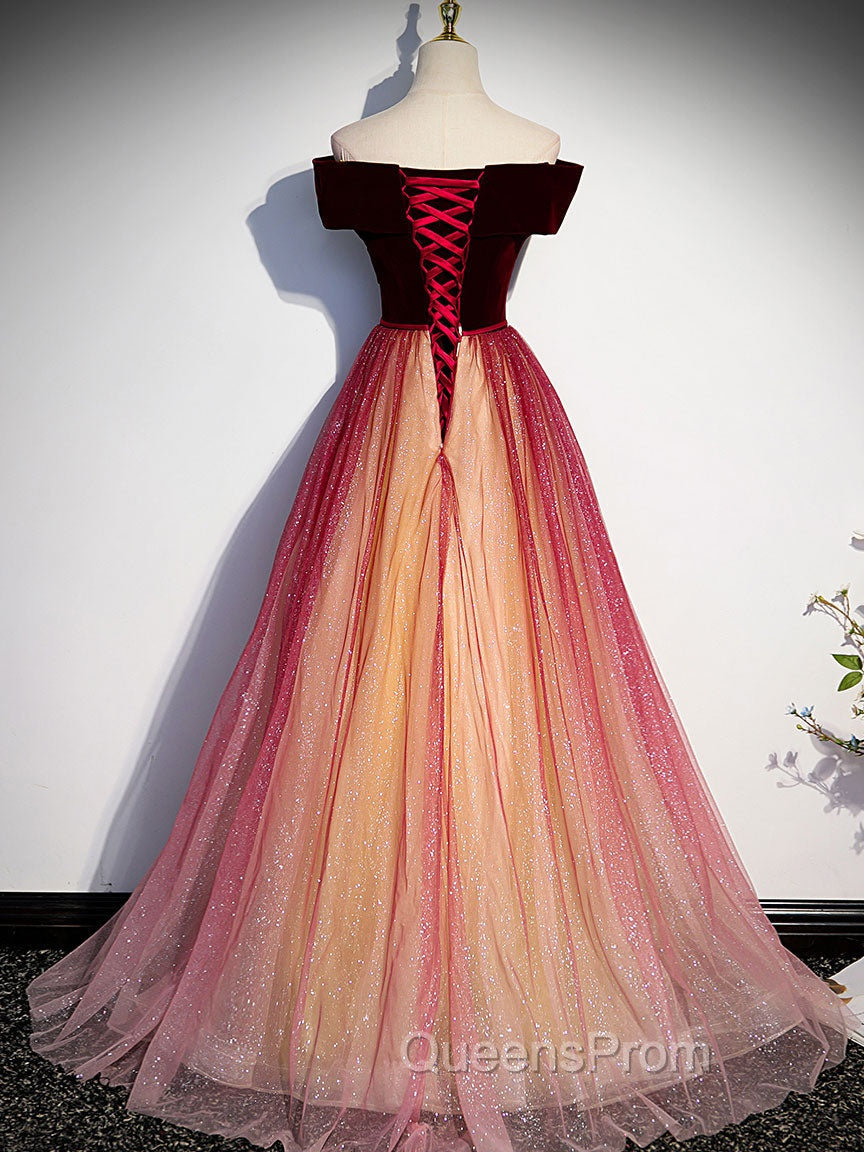Burgundy Aline Tulle Sequin Long Evening Prom Dress, Velvet Burgundy Evening Party Dress