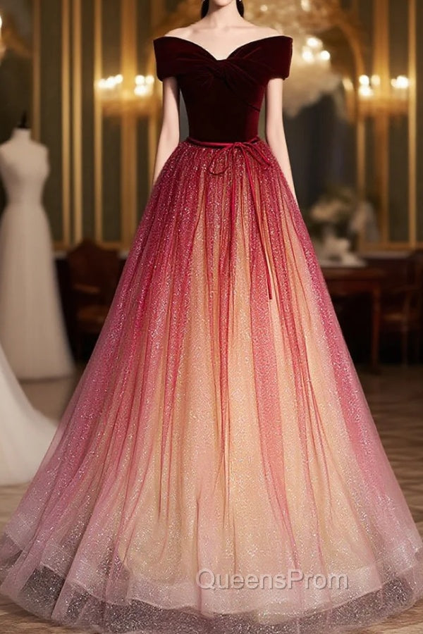 Burgundy Aline Tulle Sequin Long Evening Prom Dress, Velvet Burgundy Evening Party Dress Main image