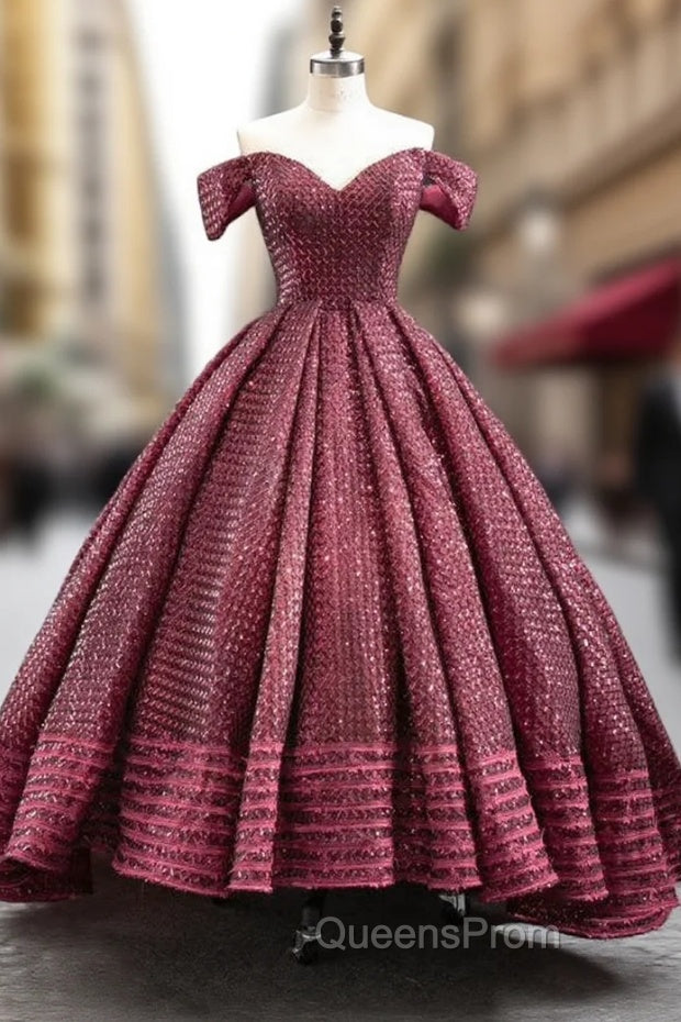 Burgundy Ball Gown Sequins Off the Shoulder Evening Prom Dress Main image
