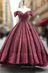 Burgundy Ball Gown Sequins Off the Shoulder Evening Prom Dress