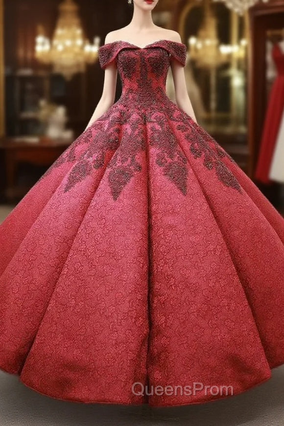 Burgundy Ball Gown Lace Off the Shoulder Appliques Beading Evening Prom Dress