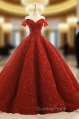 Burgundy Ball Gown Off The Shoulder Appliques Wedding Dress
