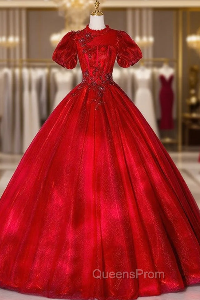Burgundy Ball Gown Puff Sleeve Backless Appliques Quinceanera Dress Main image