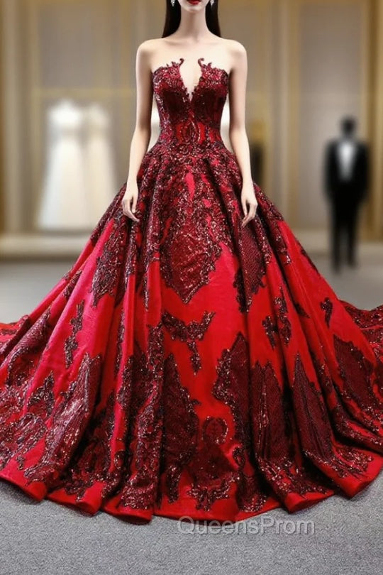 Burgundy Ball Gown Satin Sequins Appliques Cap Sleeve Evening Prom Dress With Long Train Main image