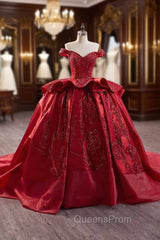 Burgundy Ball Gown Satin Sequins Evening Prom Dress