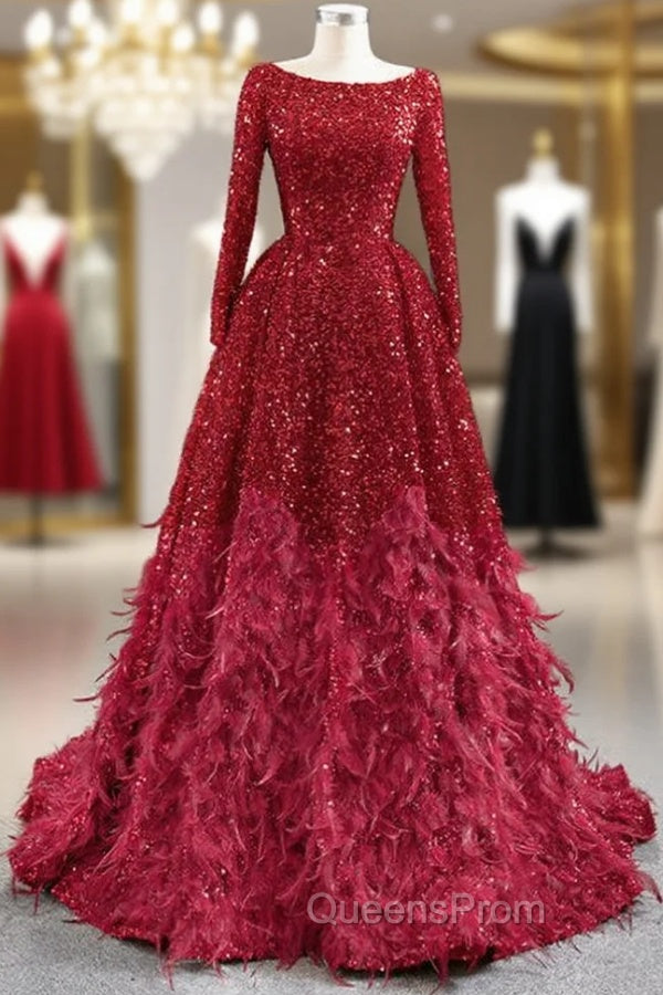Burgundy Ball Gown Sequins Long Sleeve Feather Evening Prom Dress Main image