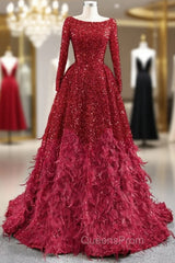 Burgundy Ball Gown Sequins Long Sleeve Feather Evening Prom Dress