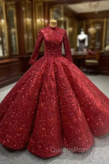 Burgundy Ball Gown Sequins Long Sleeve High Neck Evening Prom Dress