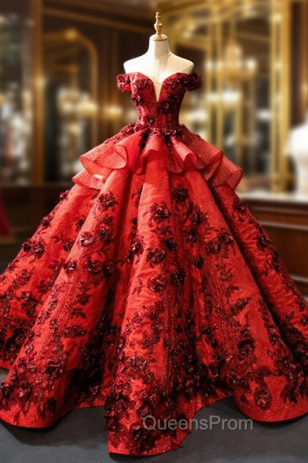 Burgundy Ball Gown Sequins Off the Shoulder 3D Flower Haute Couture Evening Prom Dress Main image