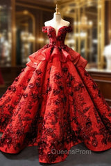 Burgundy Ball Gown Sequins Off the Shoulder 3D Flower Haute Couture Evening Prom Dress