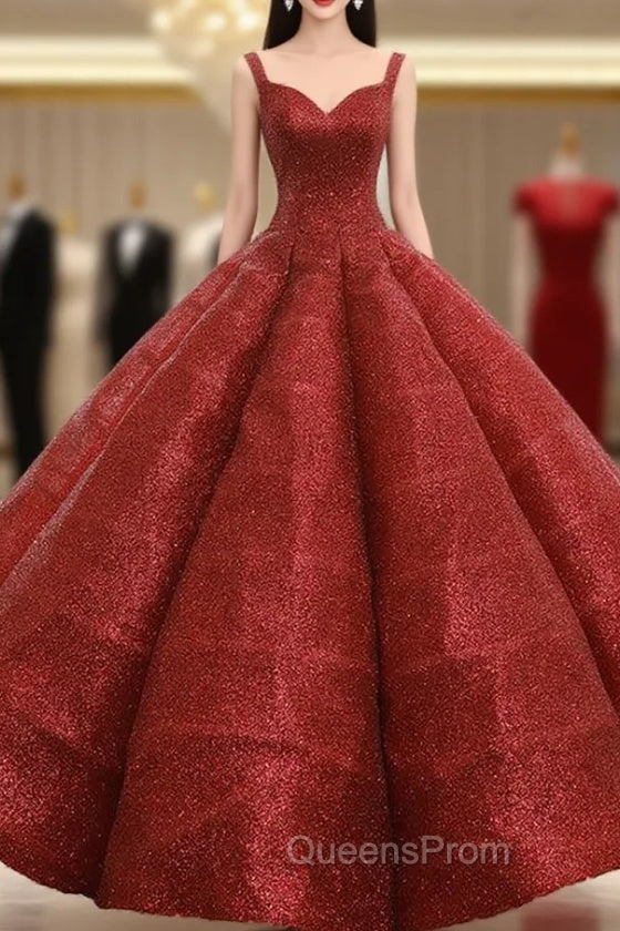 Burgundy Ball Gown Sequins Straps Backless Wedding Dress Main image