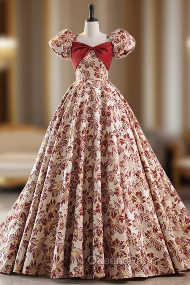 Burgundy Ball Gown Square Puff Sleeve Evening Prom Dress Main image