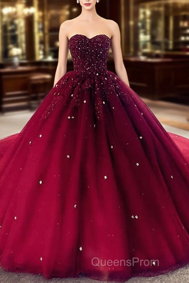 Burgundy Ball Gown Sweetheart Beaded Formal Gown, Burgundy Sweet 16 Dress Main image