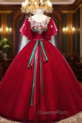 Burgundy Ball Gown Tulle Appliques Quinceanera Dress With Sash