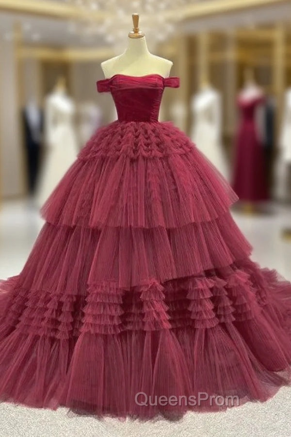 Burgundy Ball Gown Tulle Off the Shoulder Pleats Evening Prom Dress Main image