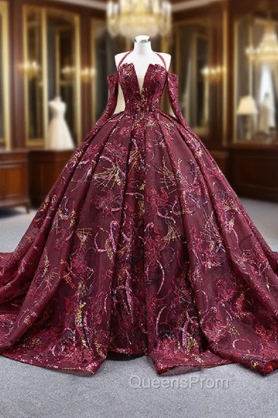 Burgundy Ball Gown Tulle Sequins Long Sleeve Evening Prom Dress Main image