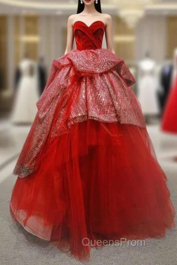 Burgundy Ball Gown Tulle Sequins Sweetheart Luxury Evening Prom Dress Main image