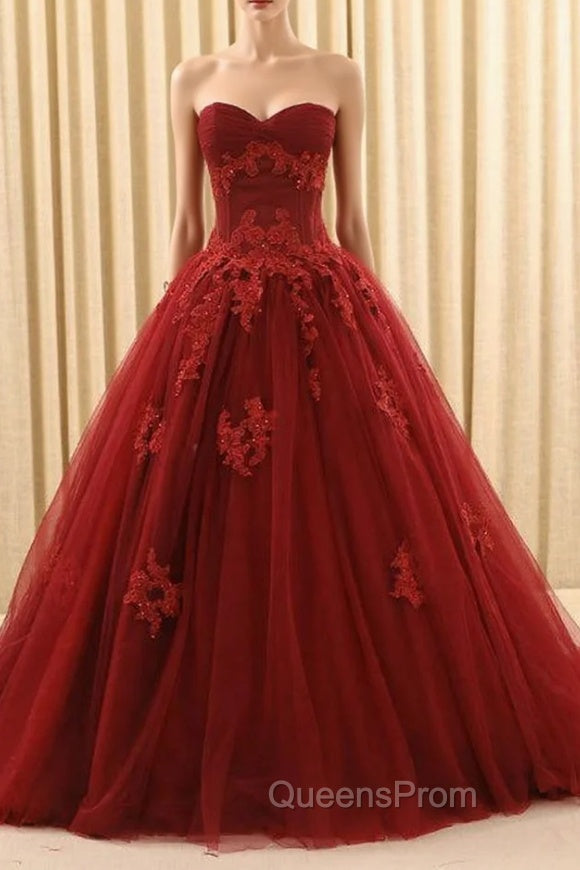 Burgundy Ball Gown Tulle Sweetheart Appliques Wedding Dress Main image